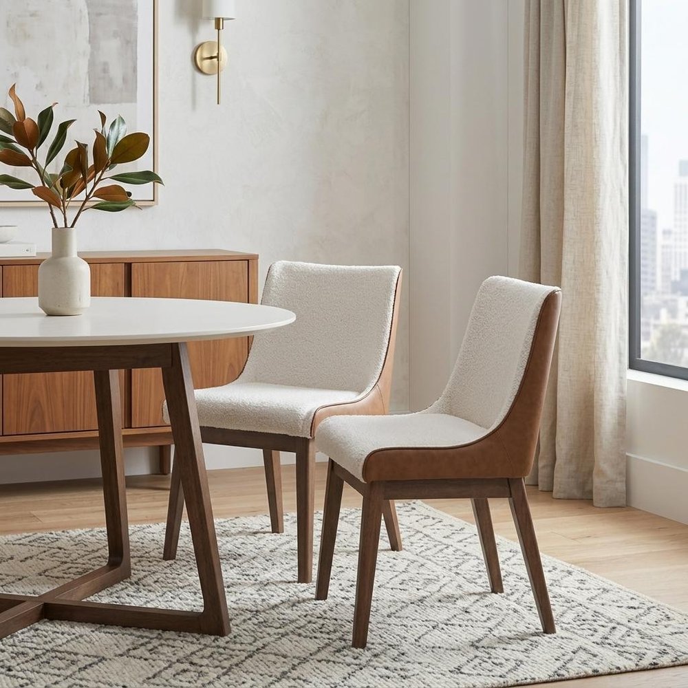 Set of Two White Brown And Walnut Boucle And Velvet And Solid Wood Dining Side Chairs