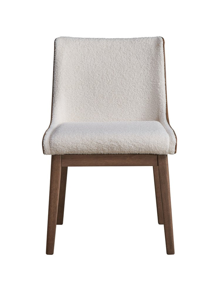 Set of Two White Brown And Walnut Boucle And Velvet And Solid Wood Dining Side Chairs