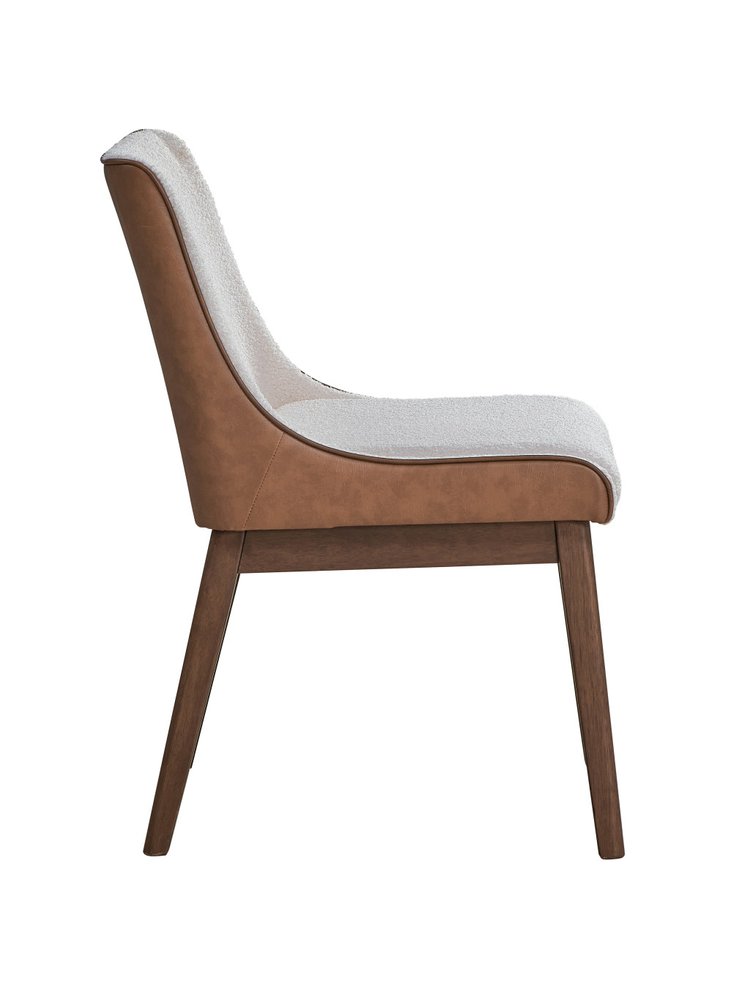 Set of Two White Brown And Walnut Boucle And Velvet And Solid Wood Dining Side Chairs
