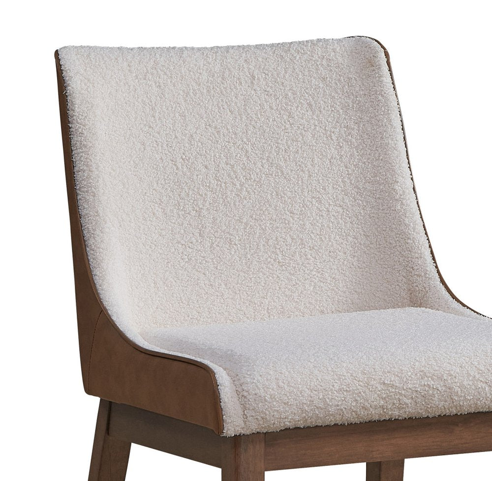 Set of Two White Brown And Walnut Boucle And Velvet And Solid Wood Dining Side Chairs