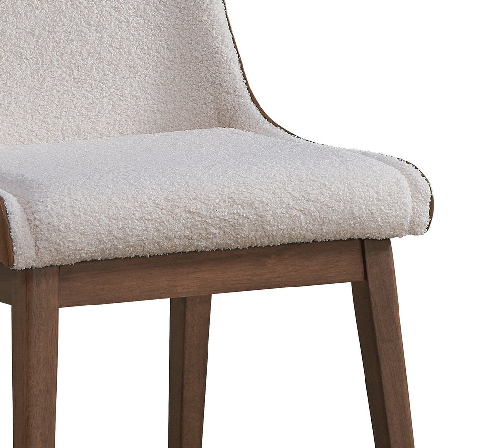Set of Two White Brown And Walnut Boucle And Velvet And Solid Wood Dining Side Chairs