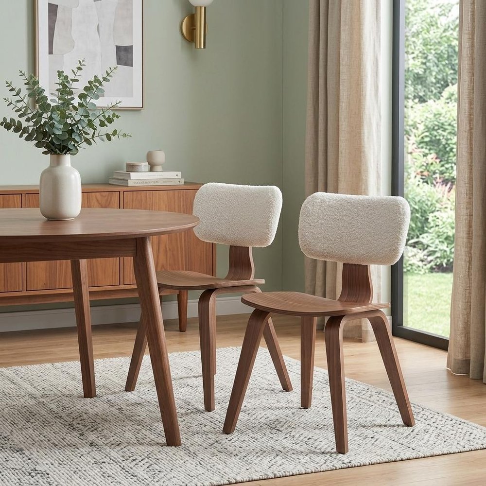 Set of Two Walnut And White Boucle And Solid Wood Curved Back Dining Side Chairs