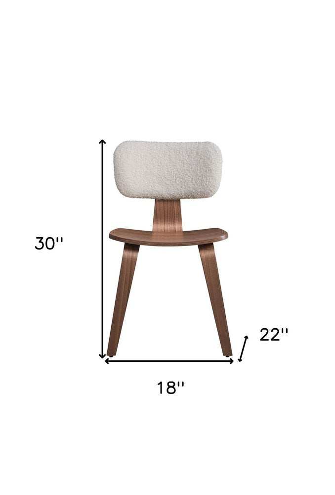 Set of Two Walnut And White Boucle And Solid Wood Curved Back Dining Side Chairs