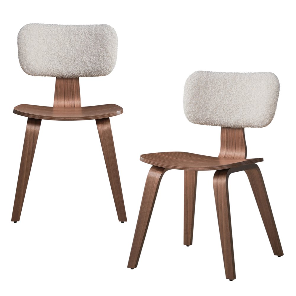Set of Two Walnut And White Boucle And Solid Wood Curved Back Dining Side Chairs