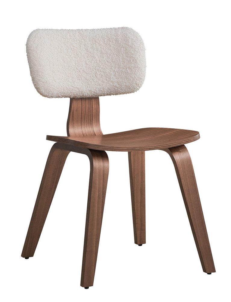 Set of Two Walnut And White Boucle And Solid Wood Curved Back Dining Side Chairs