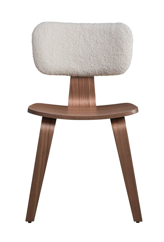 Set of Two Walnut And White Boucle And Solid Wood Curved Back Dining Side Chairs