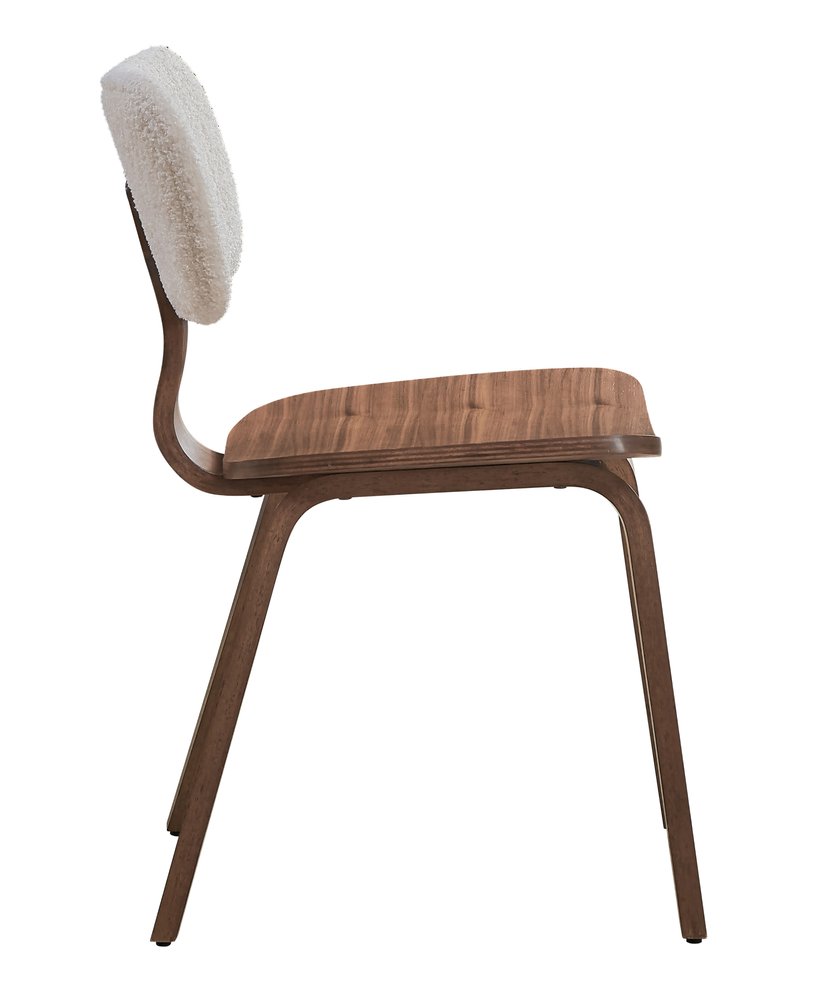 Set of Two Walnut And White Boucle And Solid Wood Curved Back Dining Side Chairs