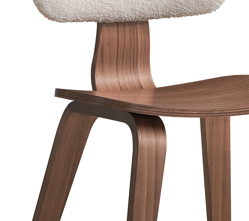 Set of Two Walnut And White Boucle And Solid Wood Curved Back Dining Side Chairs