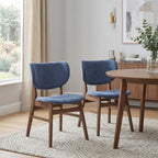 Set of Two Blue And Brown Fabric And Solid Wood Partially Open Back Dining Side Chairs
