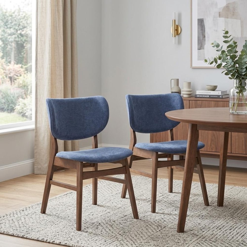 Set of Two Blue And Brown Fabric And Solid Wood Partially Open Back Dining Side Chairs