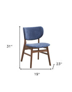 Set of Two Blue And Brown Fabric And Solid Wood Partially Open Back Dining Side Chairs