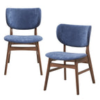 Set of Two Blue And Brown Fabric And Solid Wood Partially Open Back Dining Side Chairs