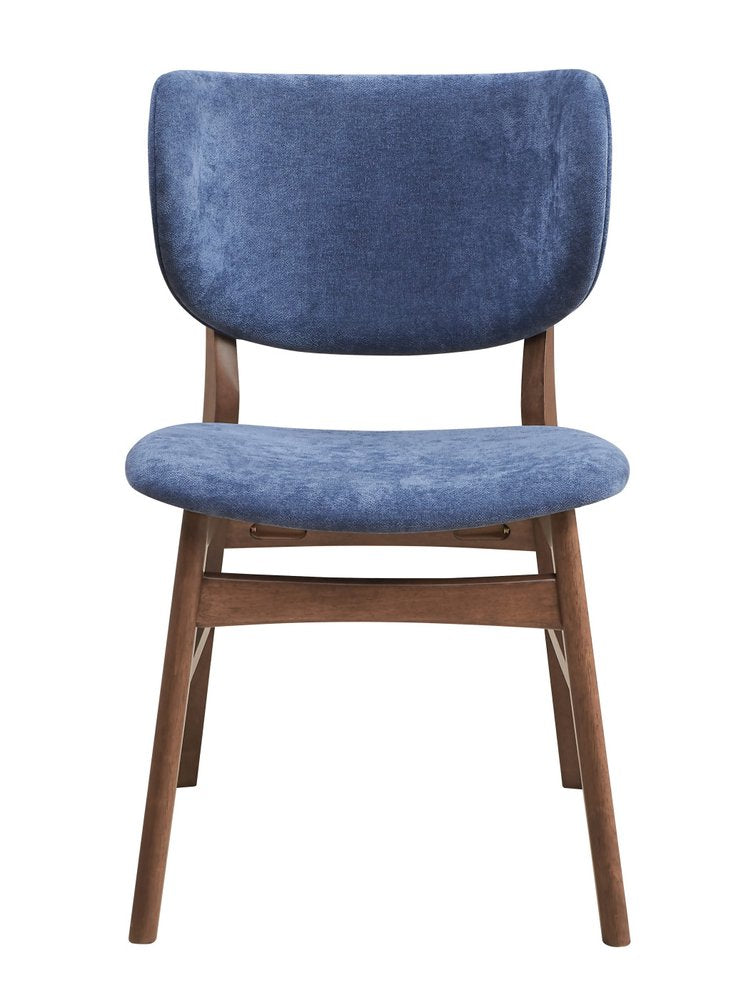 Set of Two Blue And Brown Fabric And Solid Wood Partially Open Back Dining Side Chairs