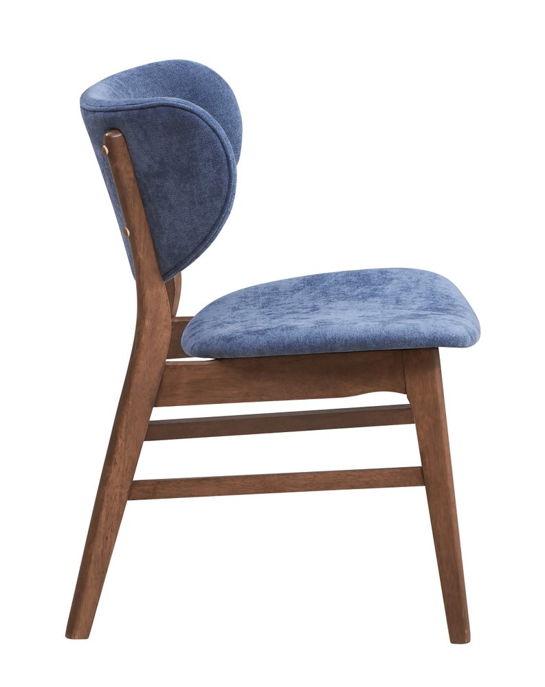 Set of Two Blue And Brown Fabric And Solid Wood Partially Open Back Dining Side Chairs