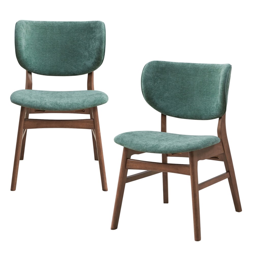 Set of Two Blue And Brown Fabric And Solid Wood Partially Open Back Dining Side Chairs