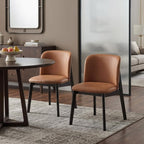 Set of Two Camel And Black Fabric And Solid Wood Dining Side Chairs