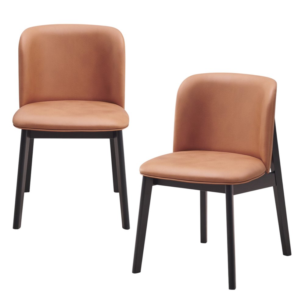 Set of Two Camel And Black Fabric And Solid Wood Dining Side Chairs