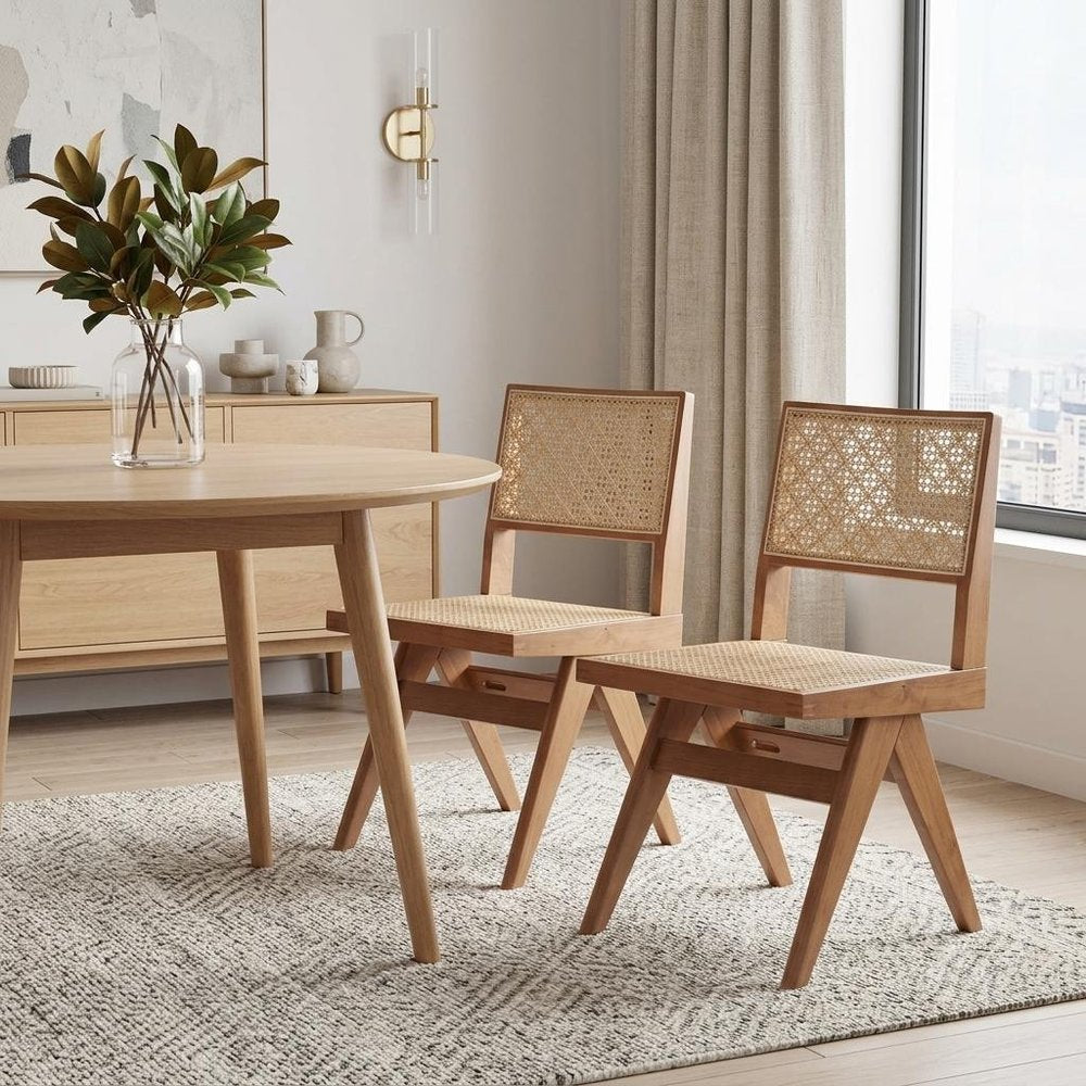 Set of Two Natural Rattan Open Back Dining Side Chairs