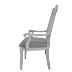 Set of Two Light Gray and White Upholstered Linen And Solid Wood Open Back Dining Arm Chairs