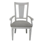 Set of Two Light Gray and White Upholstered Linen And Solid Wood Open Back Dining Arm Chairs