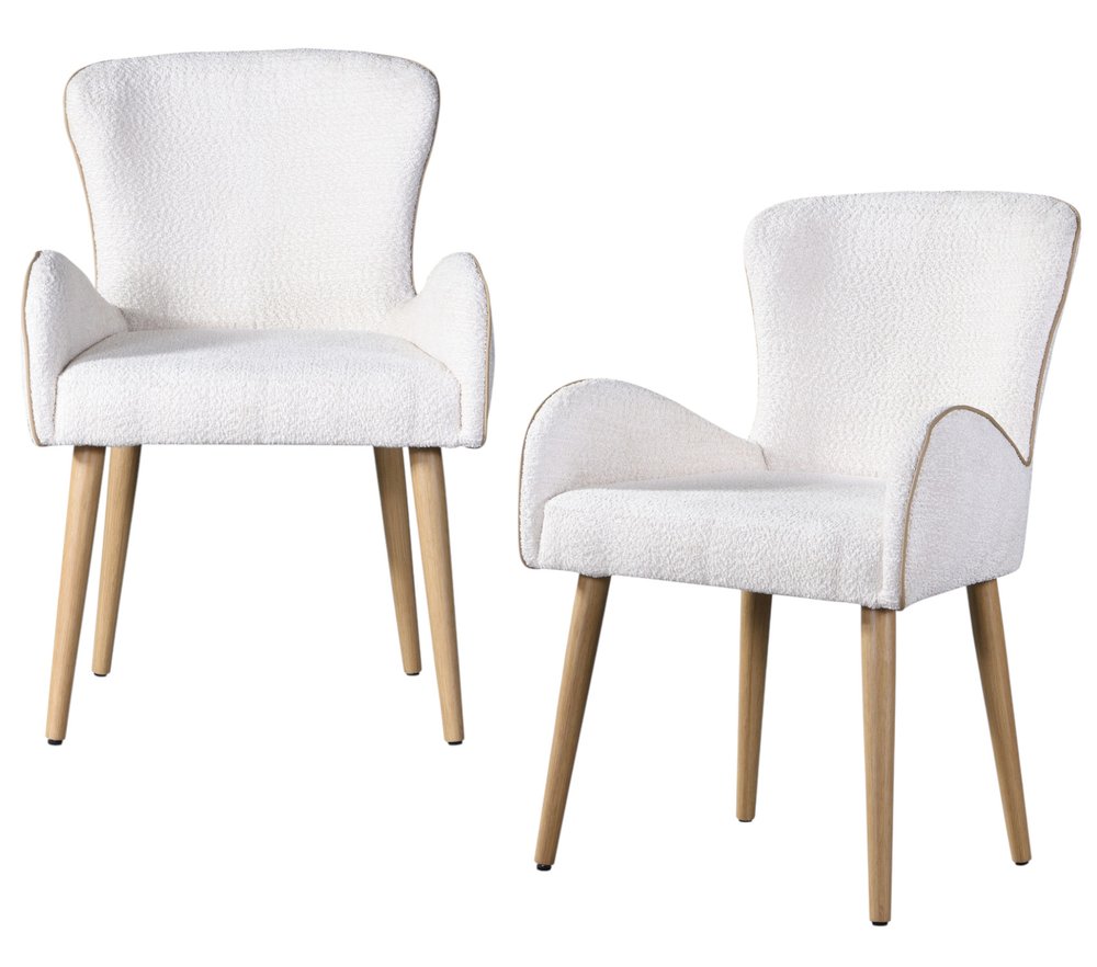 Set of Two Beige And Oak Boucle And Metal Dining Arm Chairs