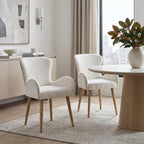 Set of Two Beige And Oak Boucle And Metal Dining Arm Chairs