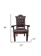 Set of Two Tufted Brown and Redwood Upholstered Faux Leather And Solid Wood Dining Arm Chairs