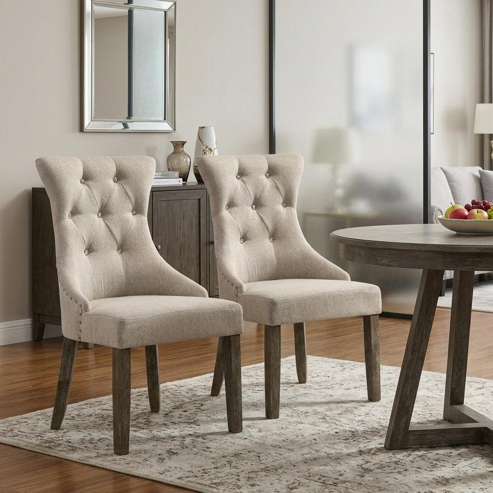 Set of Two Gray Tufted Fabric And Solid Wood Dining Side Chairs