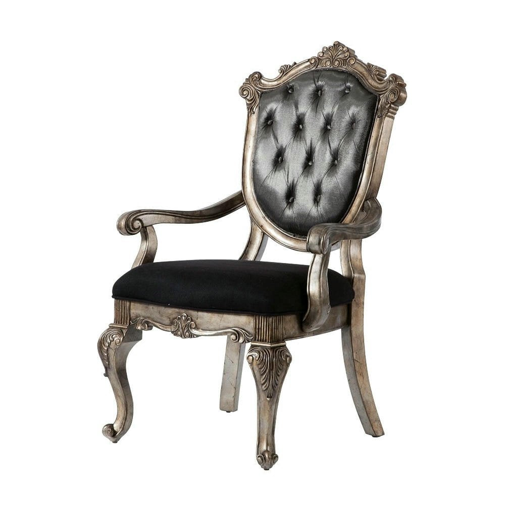 Set of Two Dark Gray And Platinum Tufted Fabric And Solid Wood King Louis Back Dining Arm Chairs