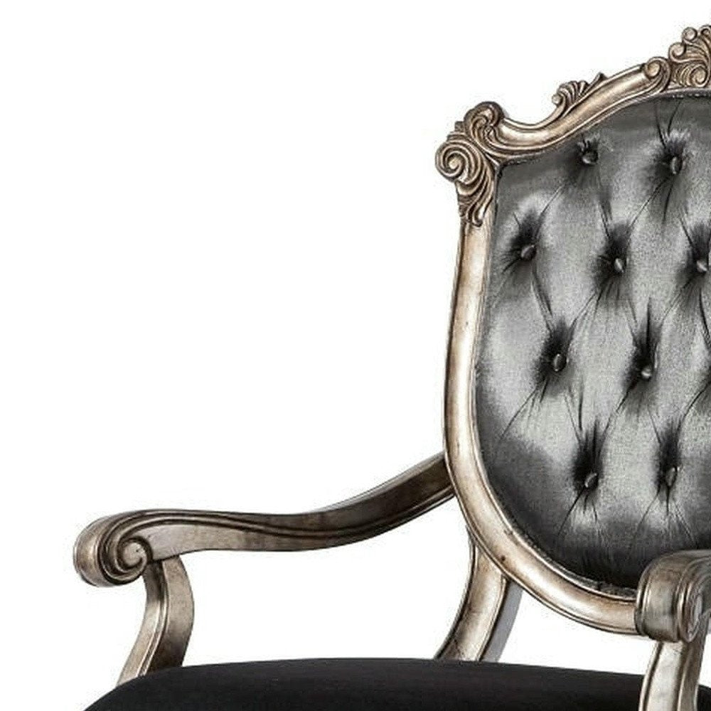Set of Two Dark Gray And Platinum Tufted Fabric And Solid Wood King Louis Back Dining Arm Chairs