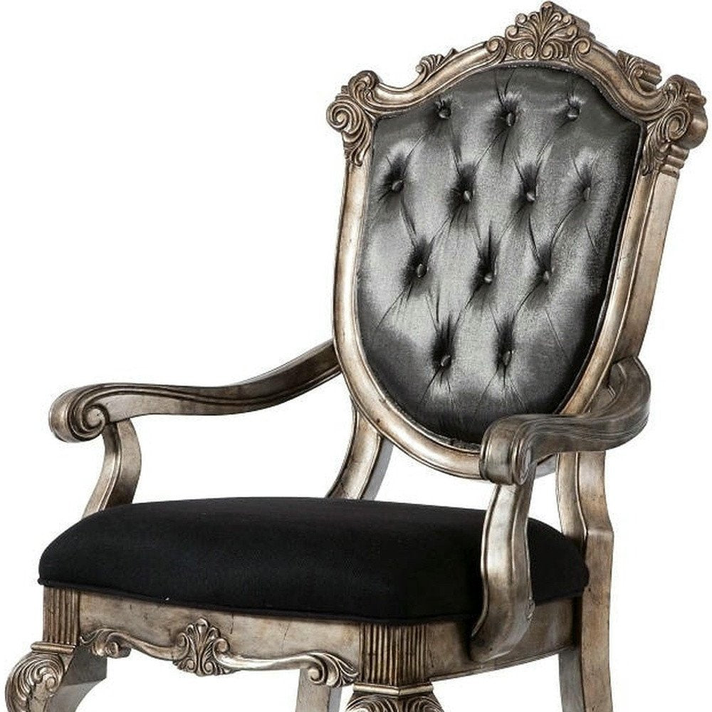 Set of Two Dark Gray And Platinum Tufted Fabric And Solid Wood King Louis Back Dining Arm Chairs