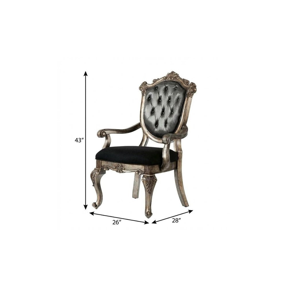 Set of Two Dark Gray And Platinum Tufted Fabric And Solid Wood King Louis Back Dining Arm Chairs