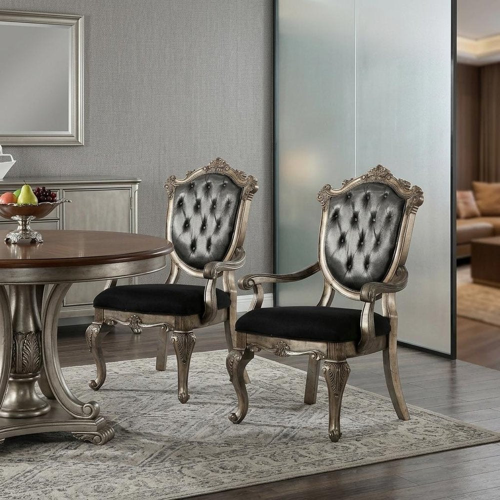 Set of Two Dark Gray And Platinum Tufted Fabric And Solid Wood King Louis Back Dining Arm Chairs