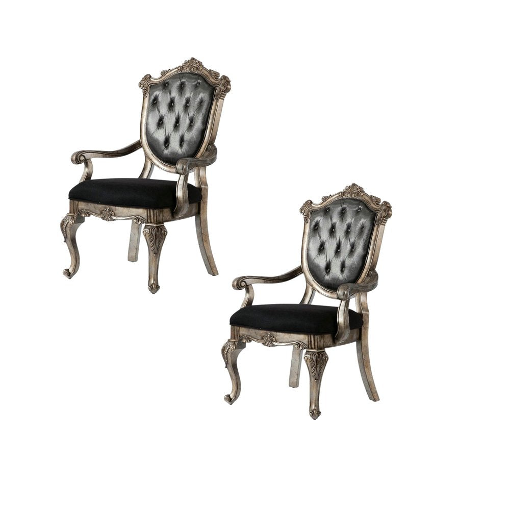 Set of Two Dark Gray And Platinum Tufted Fabric And Solid Wood King Louis Back Dining Arm Chairs