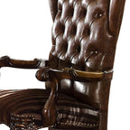 Set of Two Light Brown And Redwood Tufted Fabric And Faux Leather And Solid Wood Wing Back Dining Arm Chairs