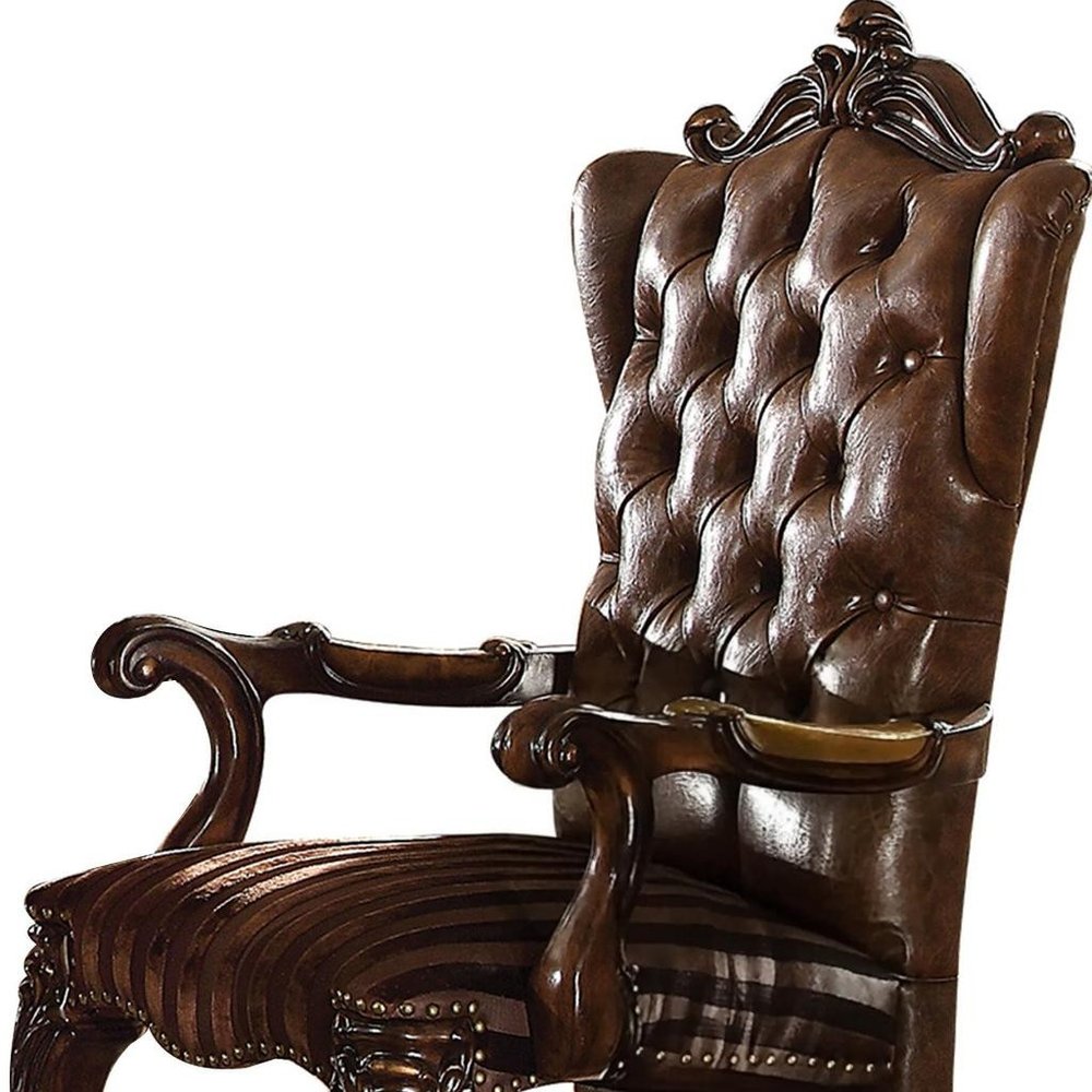 Set of Two Light Brown And Redwood Tufted Fabric And Faux Leather And Solid Wood Wing Back Dining Arm Chairs