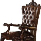 Set of Two Light Brown And Redwood Tufted Fabric And Faux Leather And Solid Wood Wing Back Dining Arm Chairs