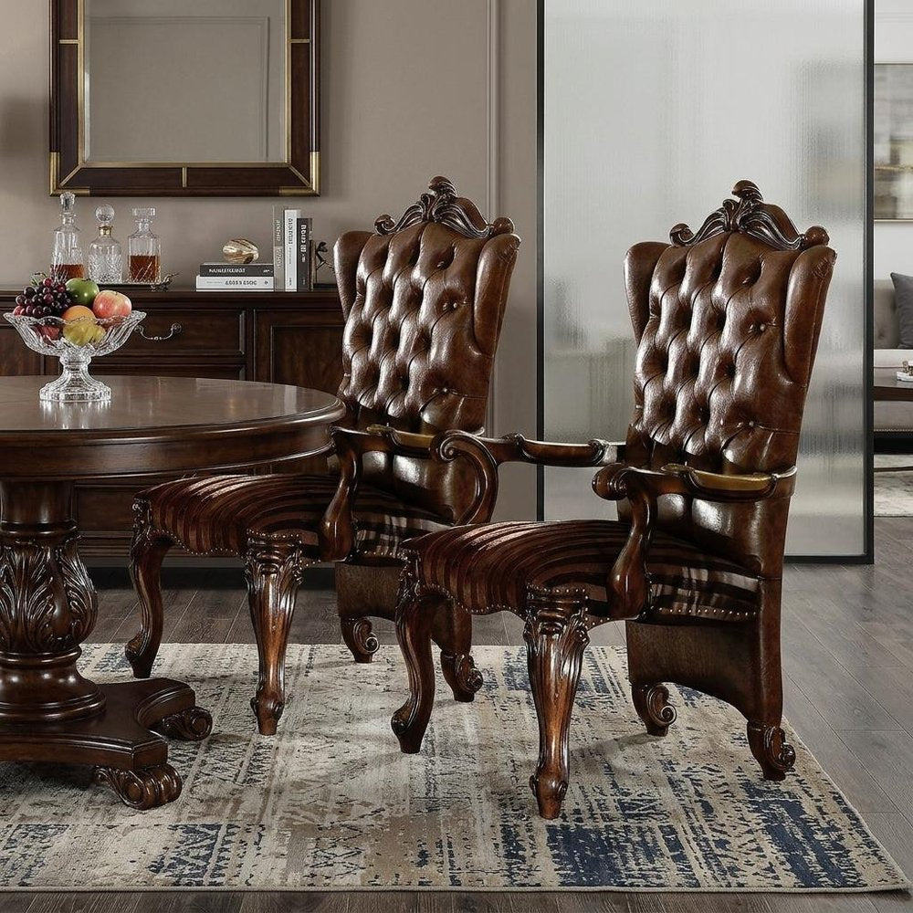 Set of Two Light Brown And Redwood Tufted Fabric And Faux Leather And Solid Wood Wing Back Dining Arm Chairs