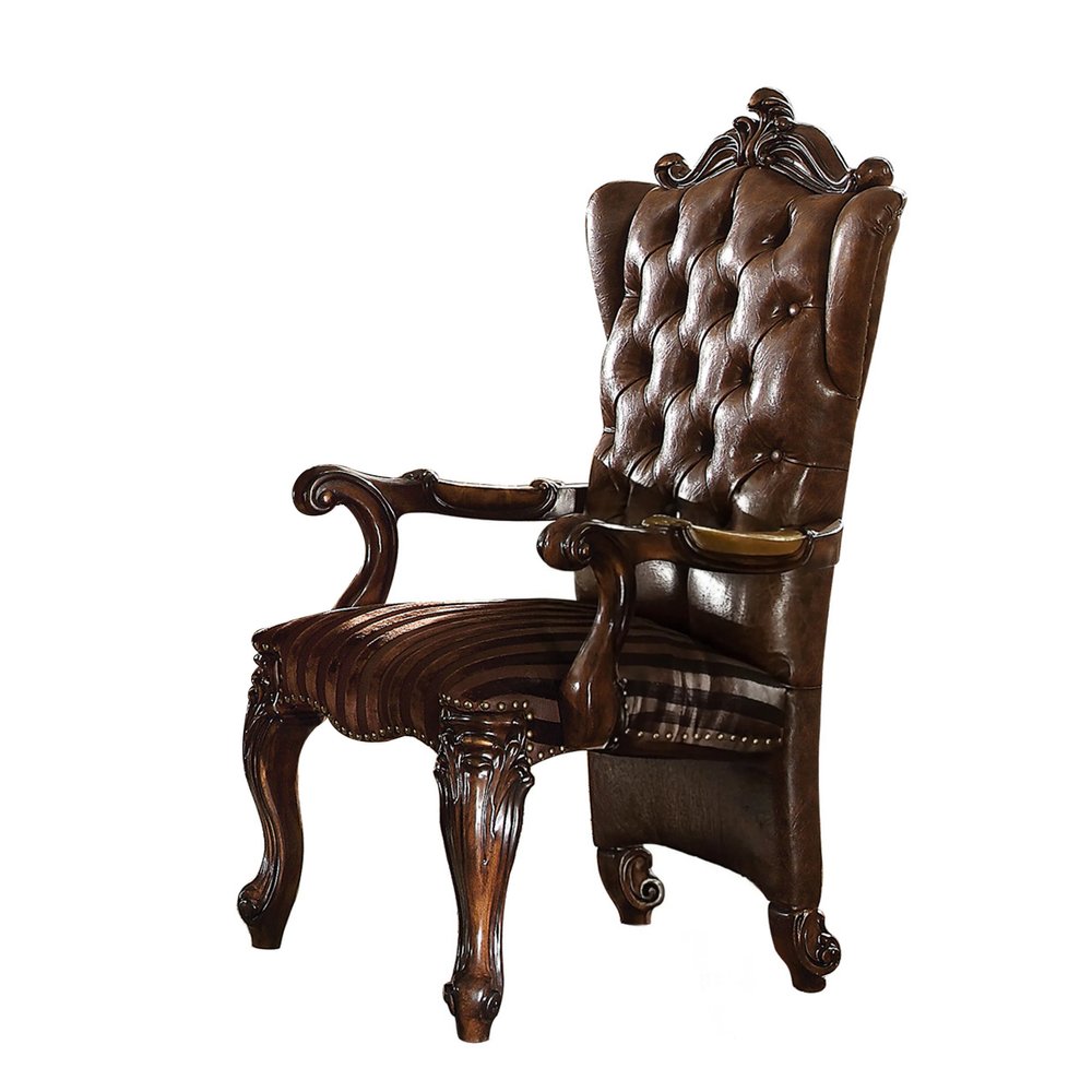 Set of Two Light Brown And Redwood Tufted Fabric And Faux Leather And Solid Wood Wing Back Dining Arm Chairs
