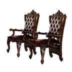 Set of Two Light Brown And Redwood Tufted Fabric And Faux Leather And Solid Wood Wing Back Dining Arm Chairs