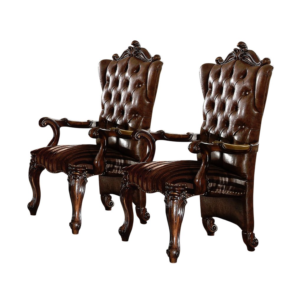 Set of Two Light Brown And Redwood Tufted Fabric And Faux Leather And Solid Wood Wing Back Dining Arm Chairs