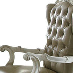 Set of Two Gray And Bone Tufted Faux Leather And Wood Wing Back Dining Arm Chairs