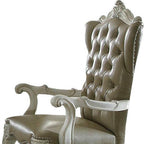 Set of Two Gray And Bone Tufted Faux Leather And Wood Wing Back Dining Arm Chairs