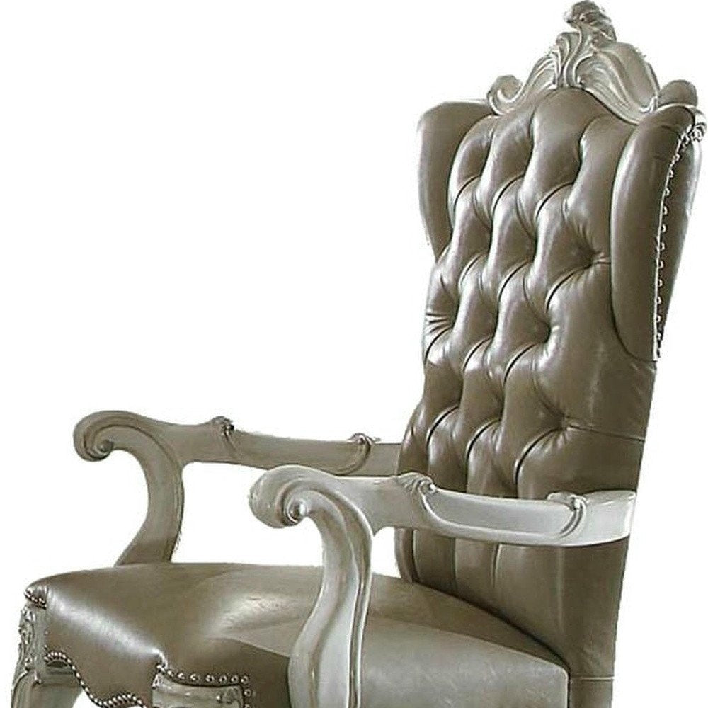 Set of Two Gray And Bone Tufted Faux Leather And Wood Wing Back Dining Arm Chairs