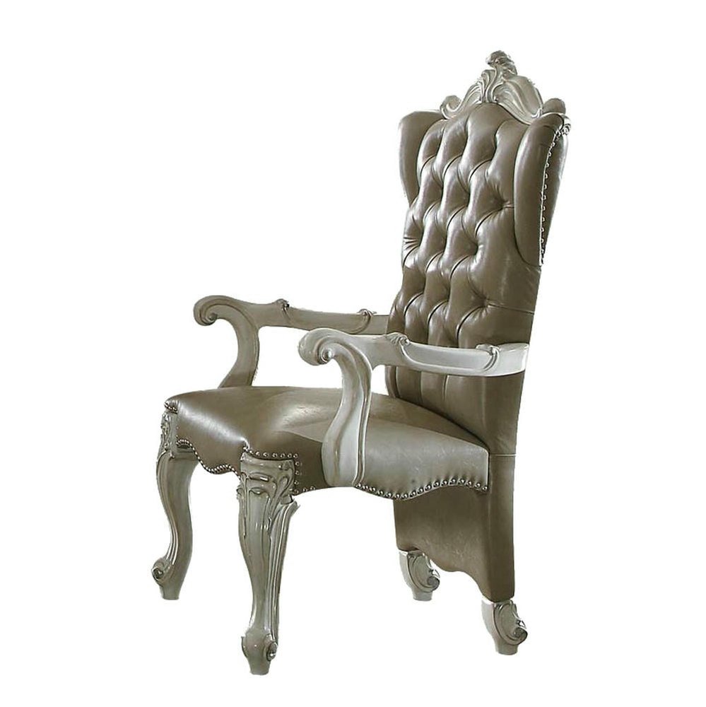 Set of Two Gray And Bone Tufted Faux Leather And Wood Wing Back Dining Arm Chairs
