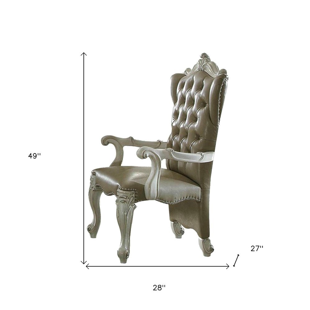 Set of Two Gray And Bone Tufted Faux Leather And Wood Wing Back Dining Arm Chairs