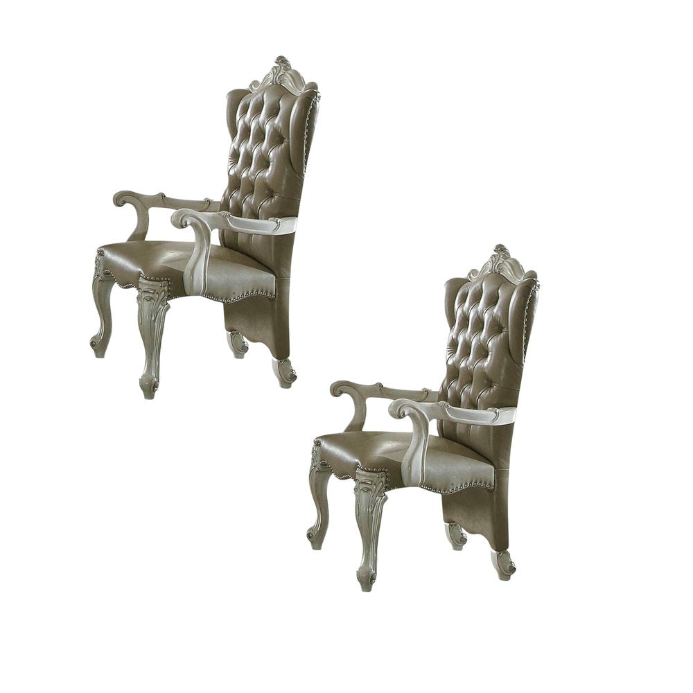 Set of Two Gray And Bone Tufted Faux Leather And Wood Wing Back Dining Arm Chairs
