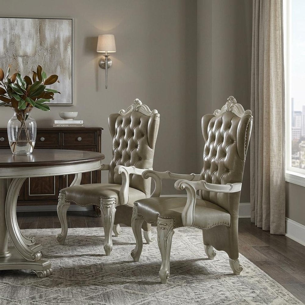 Set of Two Gray And Bone Tufted Faux Leather And Wood Wing Back Dining Arm Chairs