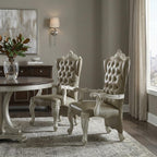 Set of Two Gray And Bone Tufted Faux Leather And Wood Wing Back Dining Arm Chairs