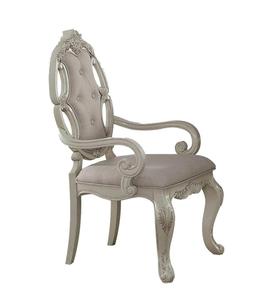 Set of Two Gray And Antiqued White Tufted Fabric And Solid Wood Partially Open Back Dining Arm Chairs
